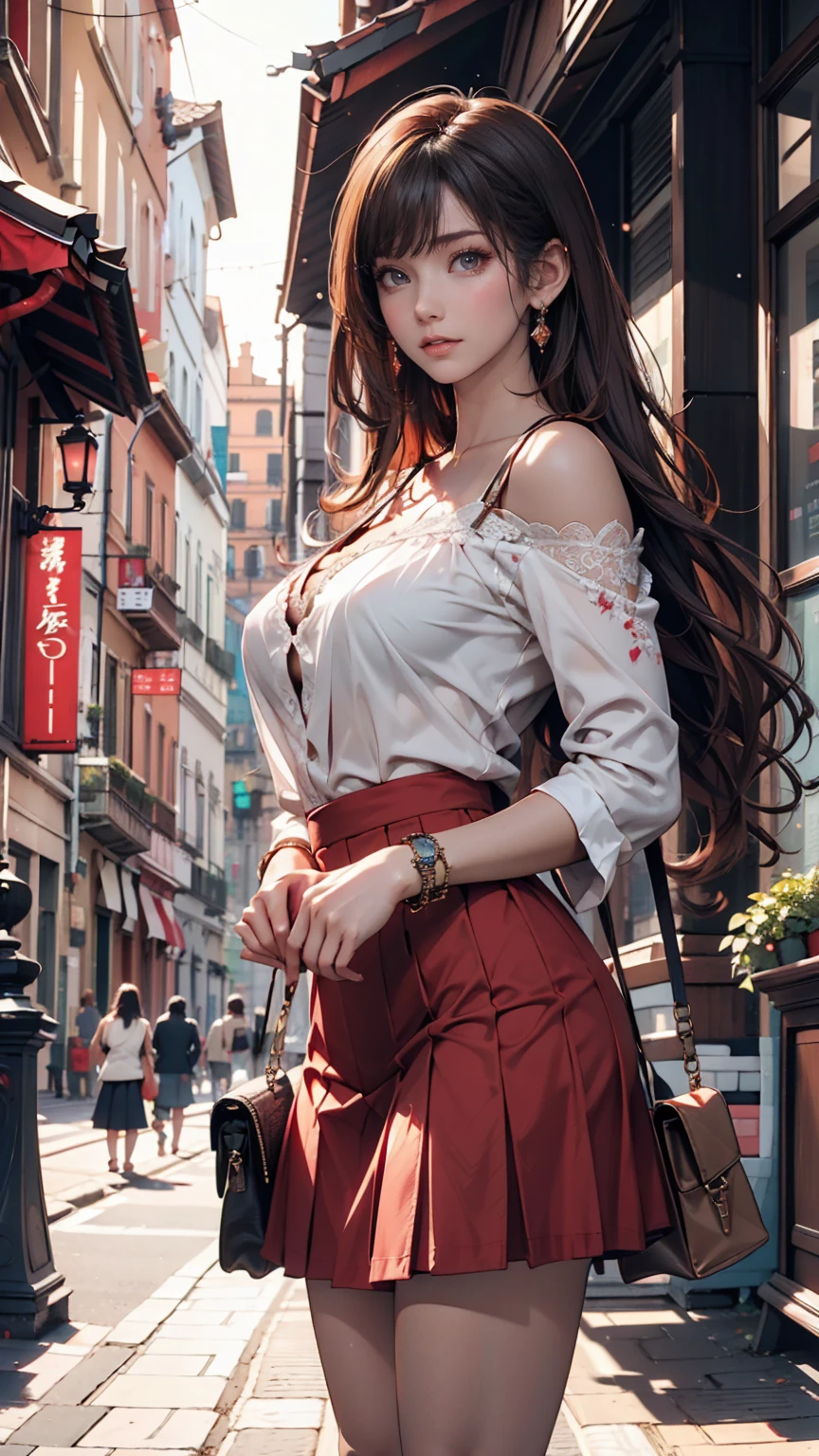 ( (8k:1.27), Highest quality, masterpiece, Ultra-high resolution:1.2) Cute Japanese Women Photos (beautiful:1.1)、Brown Hair、long hair、hair band、blouse with lace embellishments（Sheer)、No sleeve、Bracelet、Navel visible、Low-rise mini pleated skirt、Lace-up sandals、Red nail polish、Red peticure、handbag slung over shoulder、Rome、Spanish Steps