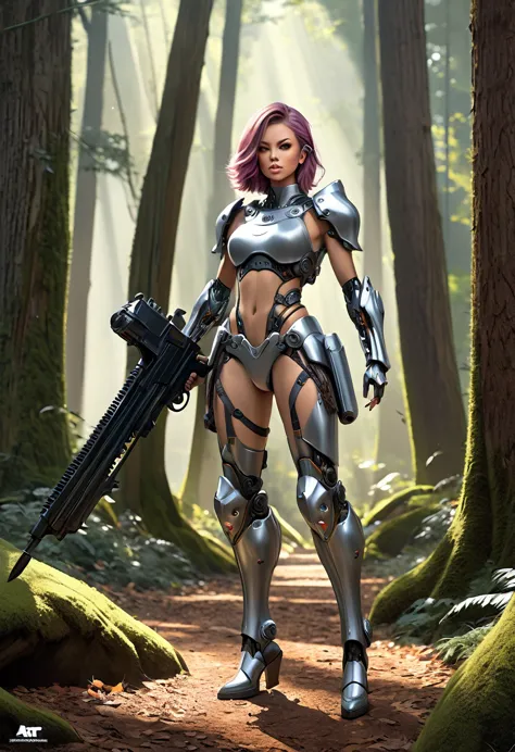 chica cyborg, dirty harry, warrior queen, dr tubaksack, cyborg, full body, forest, heroes, d&d, fantasy, intricate, elegant, hig...