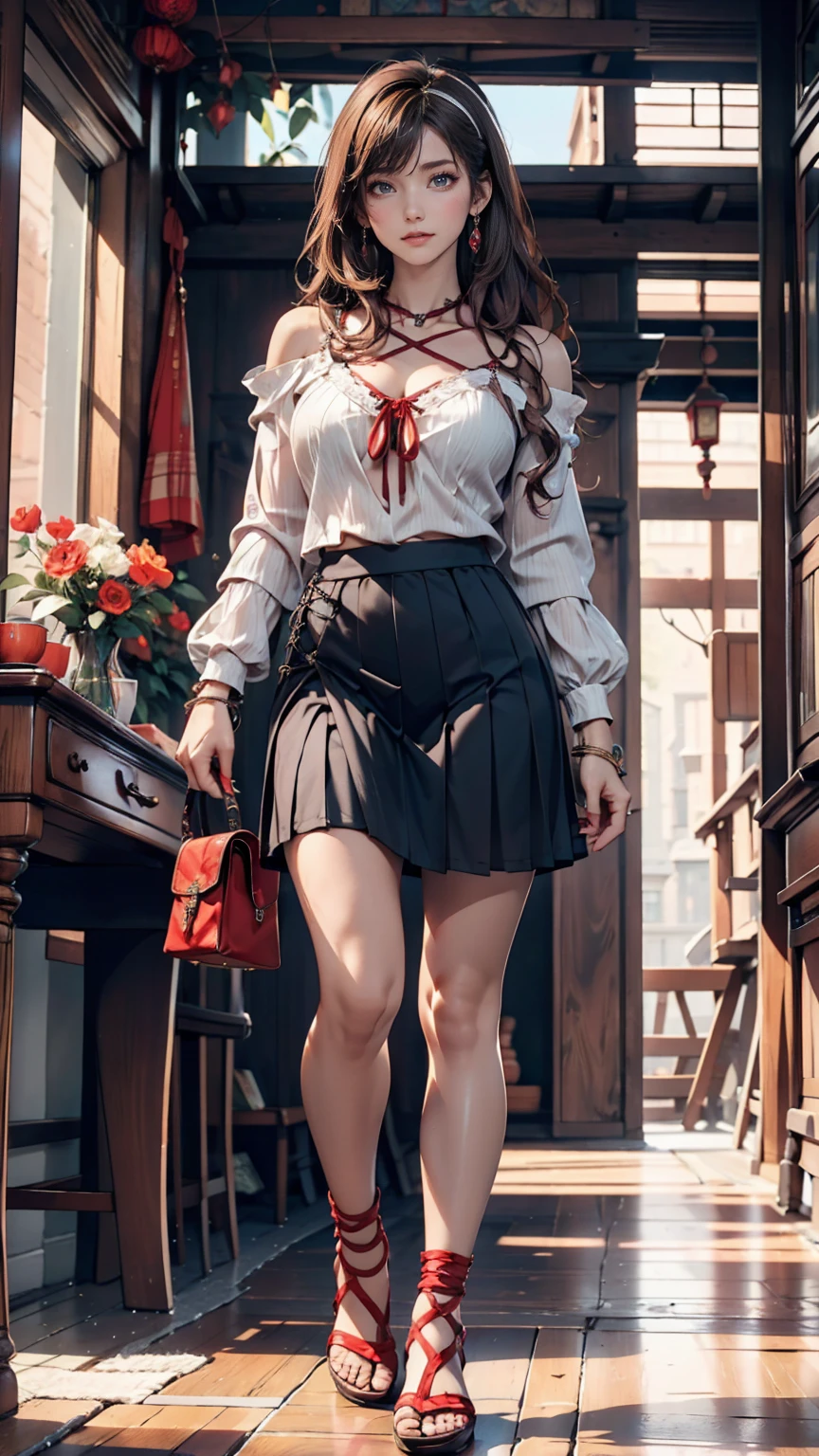 ( (8k:1.27), Highest quality, masterpiece, Ultra-high resolution:1.2) Cute Japanese Women Photos (beautiful:1.1)、Brown Hair、long hair、hair band、blouse with lace embellishments（Sheer)、No sleeve、Bracelet、Navel visible、Low-rise mini pleated skirt、Lace-up sandals、Red nail polish、Red peticure、handbag slung over shoulder、Rome、Spanish Steps