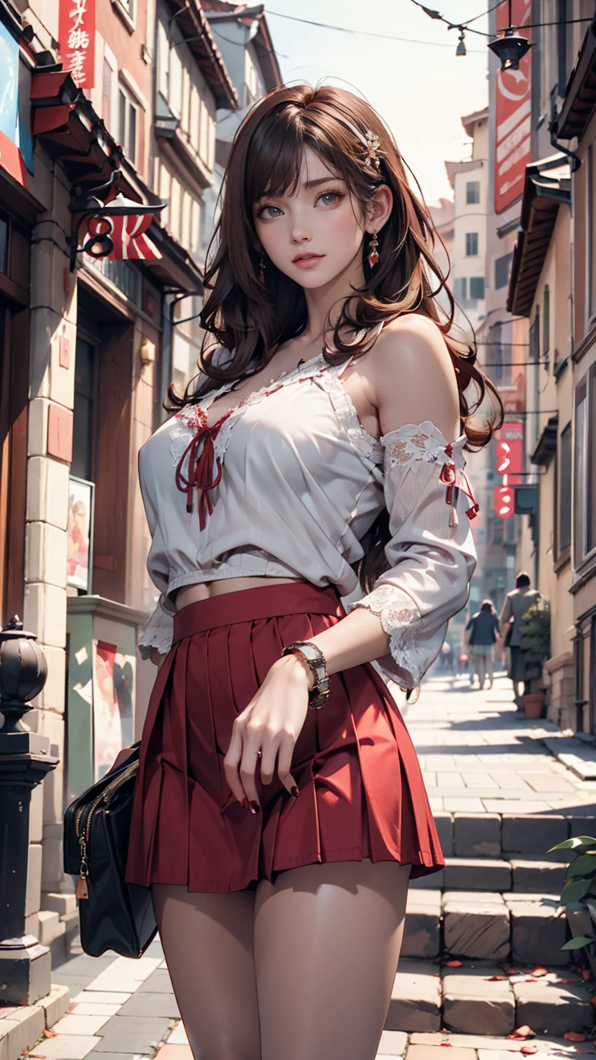 ( (8k:1.27), Highest quality, masterpiece, Ultra-high resolution:1.2) Cute Japanese Women Photos (beautiful:1.1)、Brown Hair、long hair、hair band、blouse with lace embellishments（Sheer)、No sleeve、Bracelet、Navel visible、Low-rise mini pleated skirt、Lace-up sandals、Red nail polish、Red peticure、handbag slung over shoulder、Rome、Spanish Steps