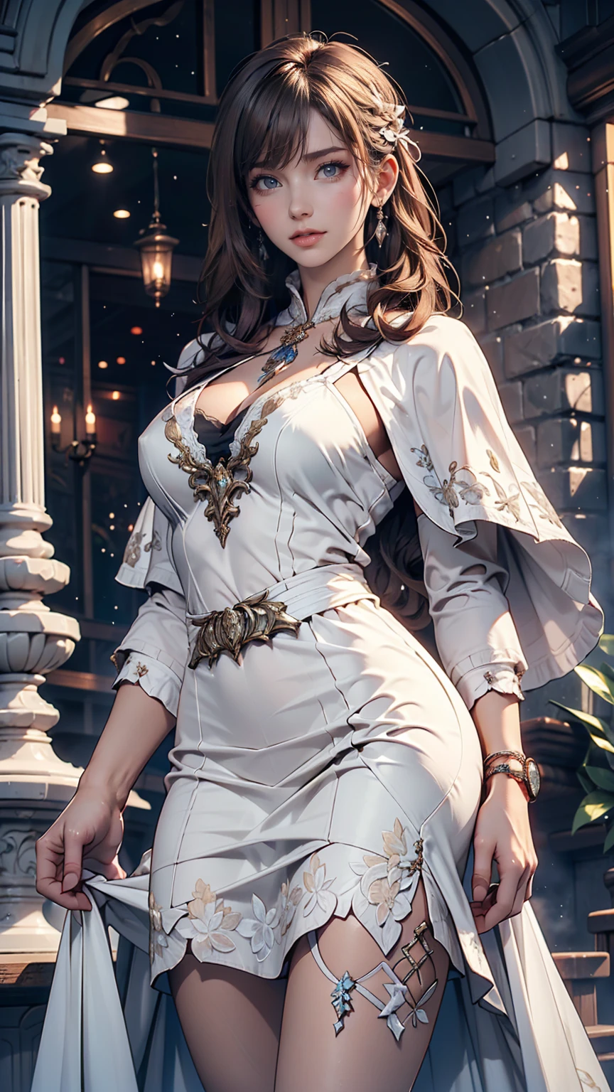 (Game CG,Highest quality,masterpiece:1.3),1 gigi, White capelet, White Dress, skirt