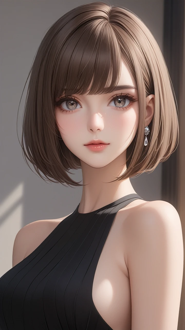 Highest quality　masterpiece　High resolution　masterpiece　Brown Bob　　Grey Eyes　blunt cut