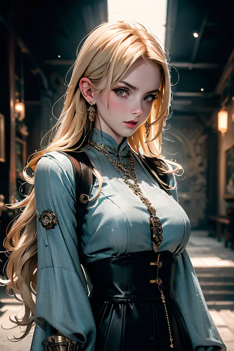 blonde, dressed in dieselpunk style, modelshooting style, (extremely detailed cg 8k wallpaper block), photos of the most beautif...