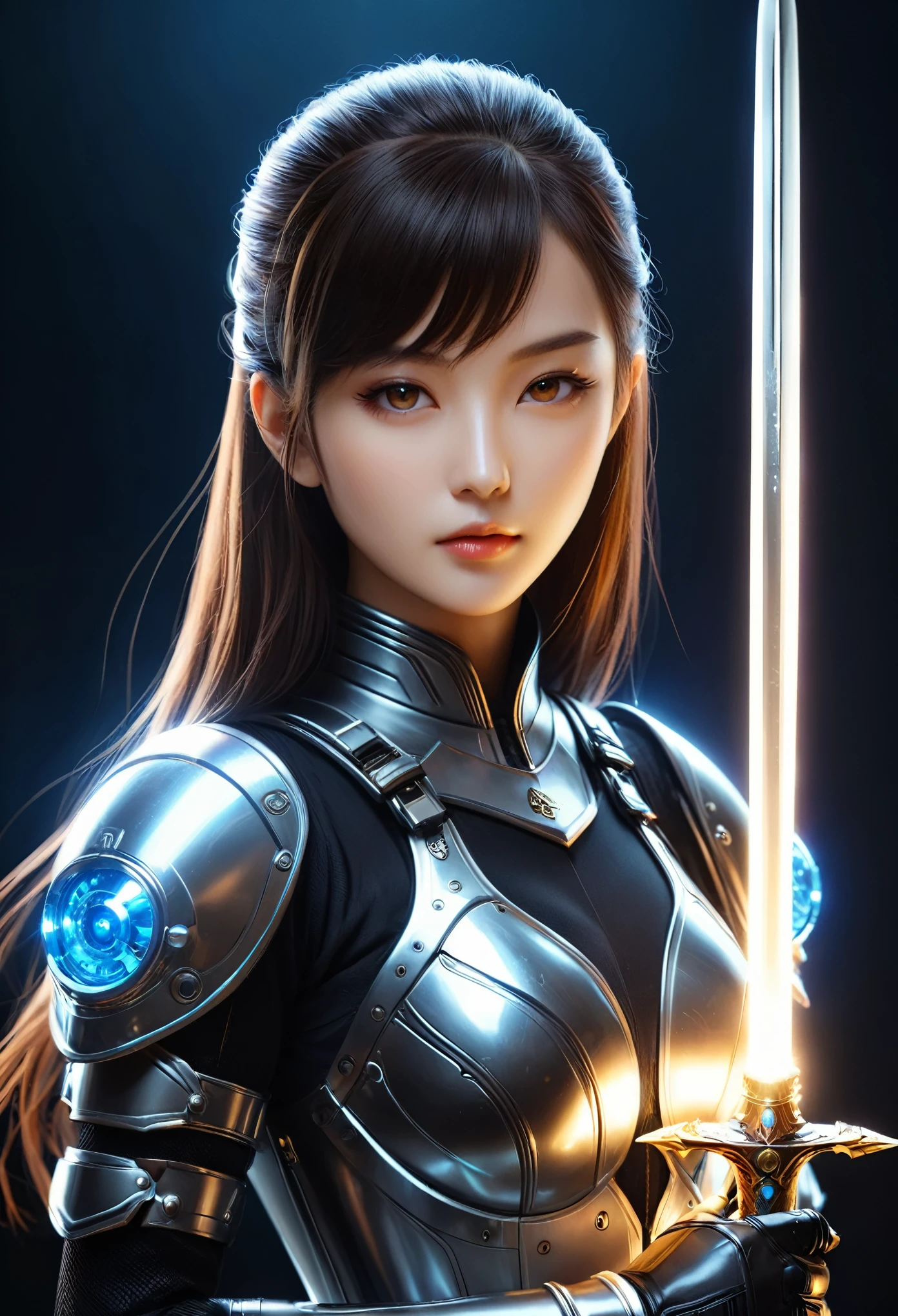 A woman in futuristic clothing holding a futuristic sword, Trending on cgstation, Trending on cgstation, (Portrait of a girl in the Knights of the Zodiac:1.4), Cute Cyborg Girl, Perfect android girl, Portrait Astronaut Girl, Beautiful girl cyborg, Girl wearing black mechanical cyber armor, Game CG, cgsociety と fenghua zhong, Beautiful Cyborg Shrine Maiden, Bioluminescence