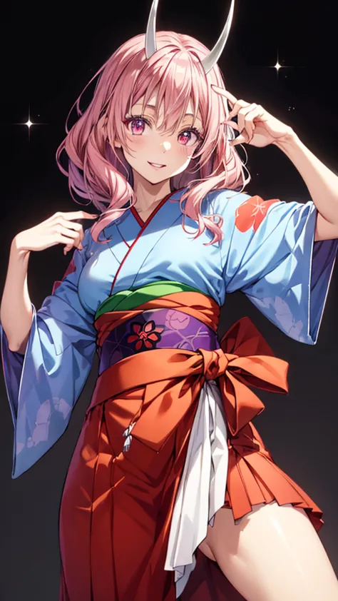 red and white kimono,long hair,pink hair,pink eyes,horns,smile,masterpiece,noise reduction,perfect anatomy,high resolution, ultr...