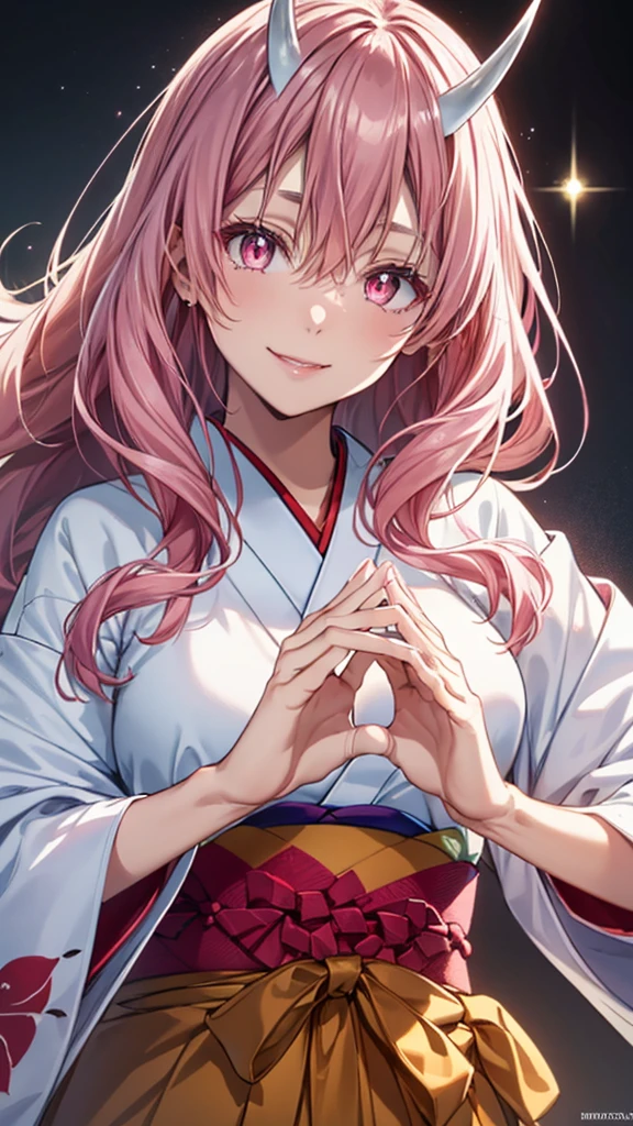 red and white kimono,long hair,pink hair,pink eyes,horns,smile,masterpiece,Noise Reduction,perfect anatomy,high resolution, ultra-detailed, ultra-detailed face,game cg,dutch angle ,beautiful detailed eyes,visualart,five fingers, perfect hands, perfect lighting, sparkling pupils,