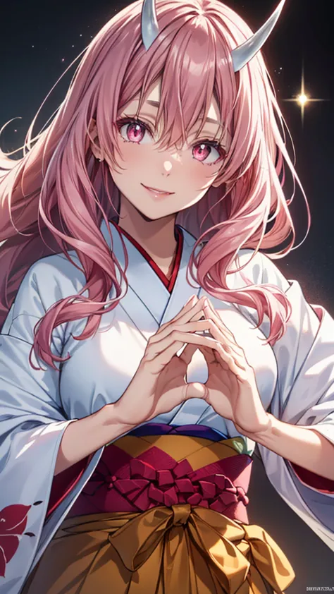 red and white kimono,long hair,pink hair,pink eyes,horns,smile,masterpiece,noise reduction,perfect anatomy,high resolution, ultr...