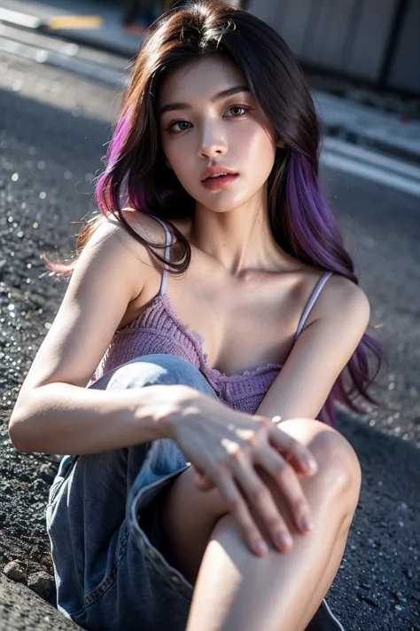 a beautiful girl，whole body，close-up，purple hair，an anime girl lying on the ground，holding one hand over the chest, a leg kicked...