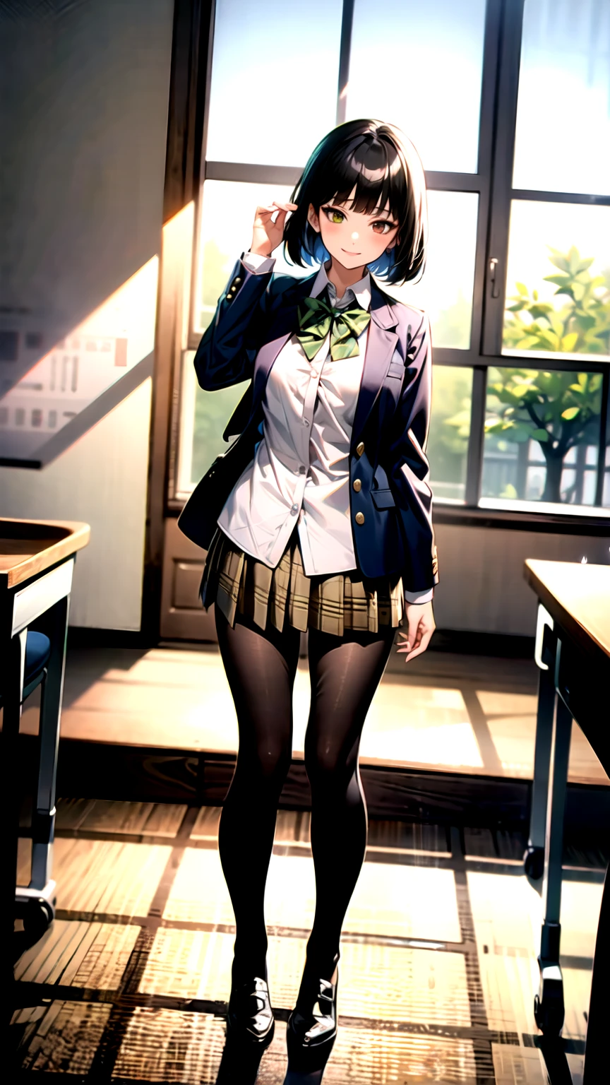 （（super high quality,Ultra-high resolution,4K,8k,super masterpiece,Ultra HD ,Detailed shading））,Full body photo,night classroom,1 high school girl,Blue-green blazer,White dress shirt unbuttoned to the second button,Yellow and black striped bowtie,Brown plaid mini skirt,Black tights,Extremely long, straight, black hair,Side-swept bangs,Heterochromia of orange and green,Sharp gaze with raised eyebrows,smile,