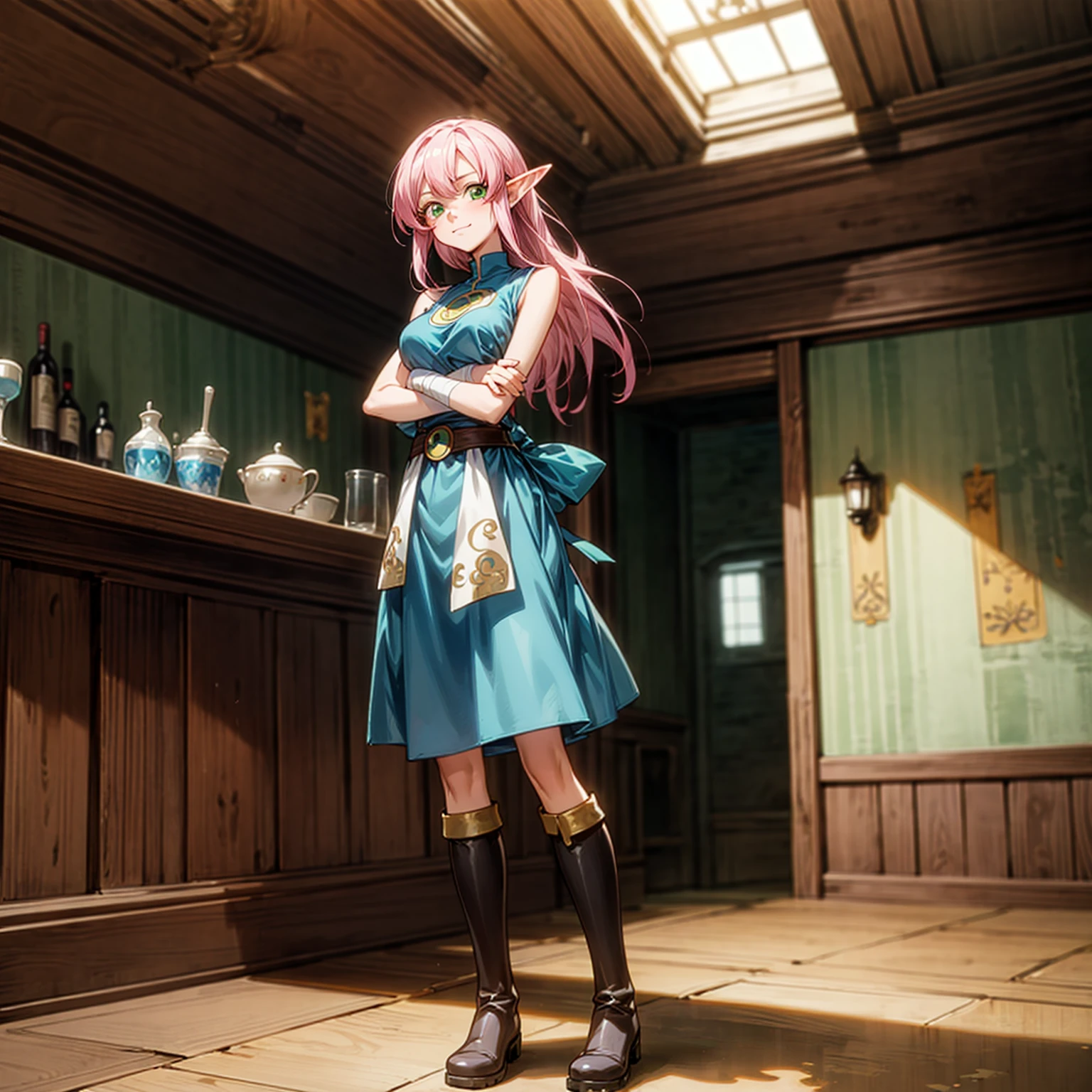 Solo character, full body version, girl, (elf), green eyes, pink color hair, long haircut, blue sleeveless t-shirt, long brown skirt, bandage, boots, indoor, village, bar, kitchen, medieval, detailed background, detailed clothing, detailed hair, sad eyes, smile mouth, big breast, standing gesture, (one piece style art, Doraemon style art)