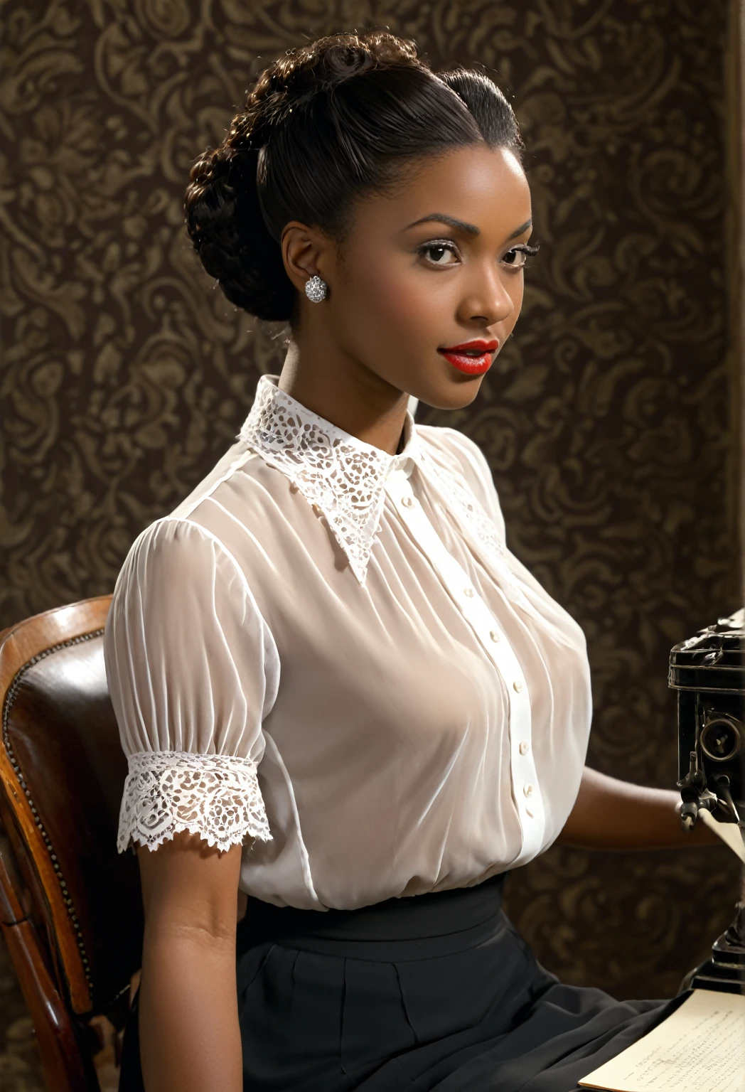 (masterpiece), best quality, expressive eyes, perfect face, 1936 black_African secretary, nude_naked, head turned toward viewer, looking at viewer, collared chiffon Victorian sheer invisible white lace blouse, sitting at typewriter, typing a letter, back side view, knee-length skirt, hair up in bun, buttons on back of blouse, good posture in chair, shoulders back, pushing her breasts out forward , pointy breasts, pointy breasts, 