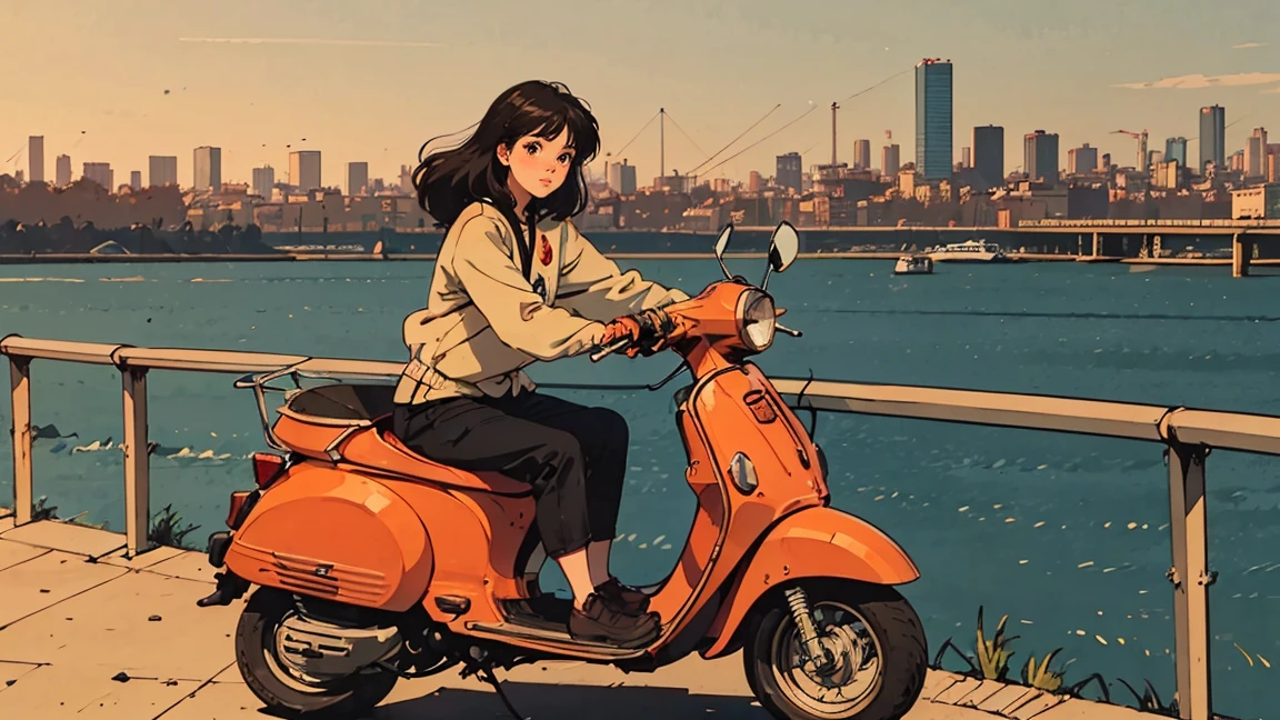 An illustration of a young woman sitting on a vintage yellow and red scooter parked near a railing. The background features a modern city skyline with tall buildings and a body of water reflecting the cityscape. The woman is wearing a colorful, casual outfit, and the atmosphere is relaxed and peaceful. The image has a retro, anime-inspired art style.