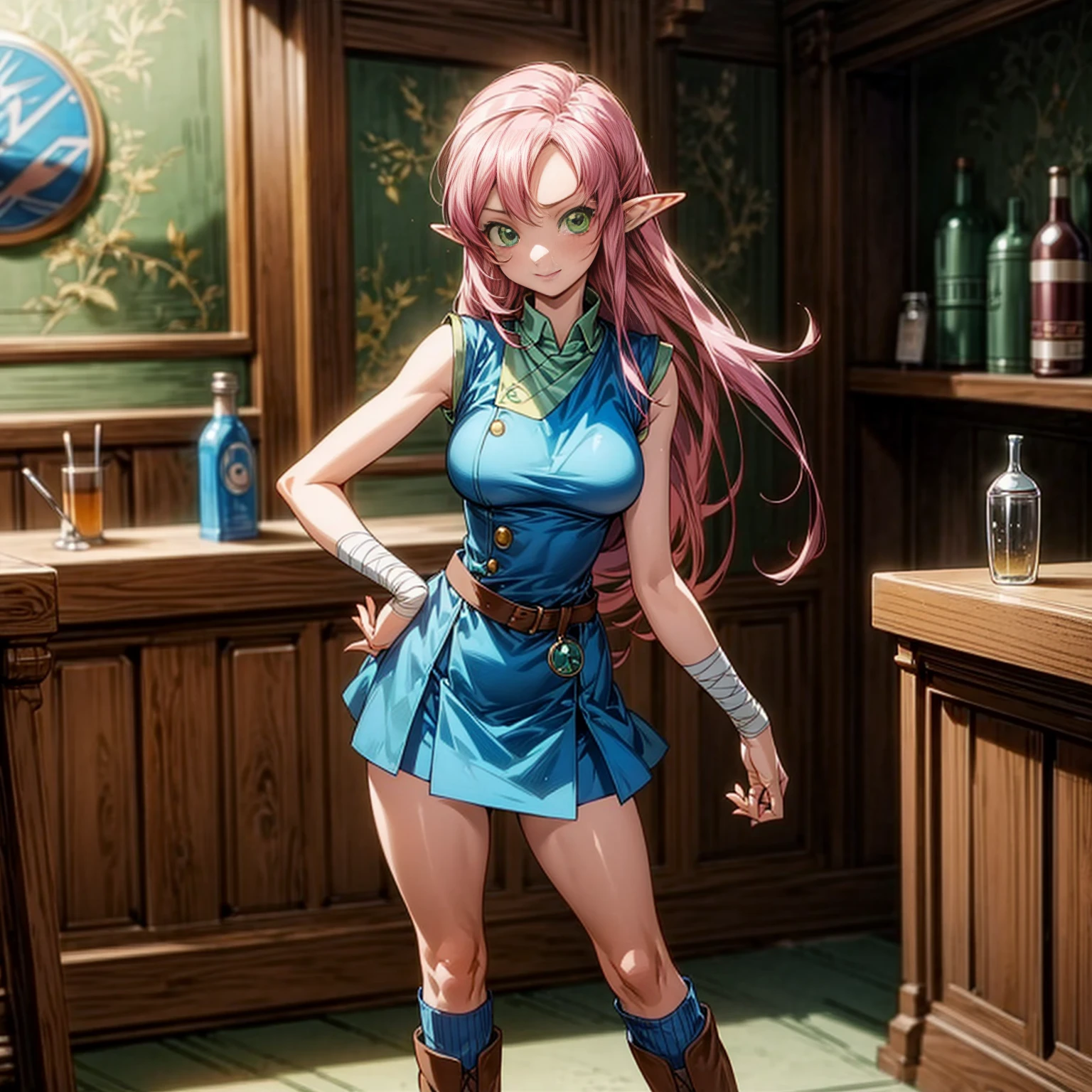 Solo character, full body version, girl, (elf), green eyes, pink color hair, long haircut, blue sleeveless t-shirt, long brown skirt, bandage, boots, indoor, village, bar, kitchen, medieval, detailed background, detailed clothing, detailed hair, sad eyes, smile mouth, big breast, standing gesture, (one piece style art, Doraemon style art)