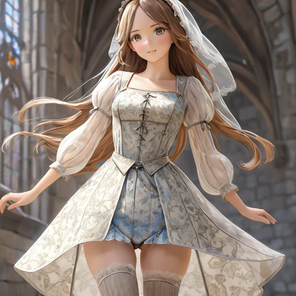 Underwear, Realistic panties made from patterned cotton fabric, Medieval one-piece dress with panniers, Fabric Realism, Low - Angle, You can see the drawer, Pull up the dress by hand, Strong winds, Translucent slip, Translucent slip, tights, Highest quality, Crotch close-up, whole body
