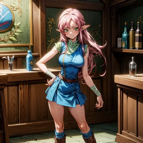 solo character, full body version, girl, (elf), green eyes, pink color hair, long haircut, blue sleeveless t-shirt, long brown s...