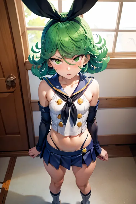 anime style , tatsumaki , green  hair  , angry  face.  blush,  flat chest , shimakaze cosplay  mini-skirt  , standing