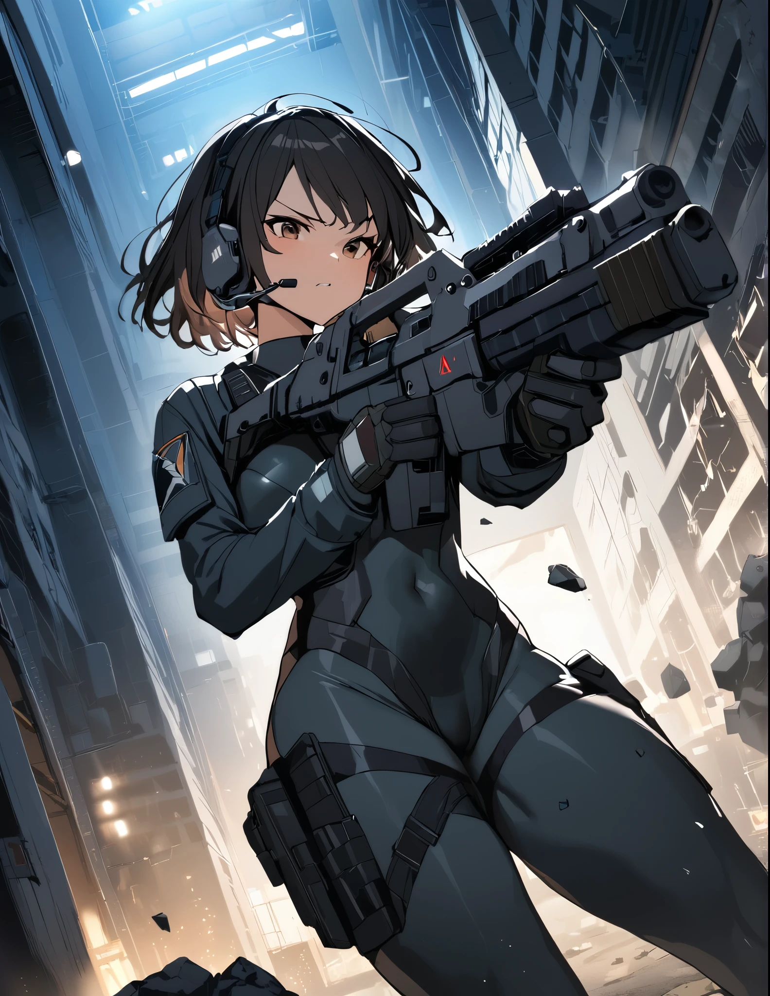 1girl, solo, short hair, black hair, brown eyes, skintight, astronaut, black leatord, tactical gear, gloves, headset, sweat, serious expression, holding gun, m41apls, aiming, trigger discipline, dutch angle, indoors, warehouse, dark, night, debris, backlighting, new york backdrop, smoke, best quality, masterpiece, alien creature behind her.