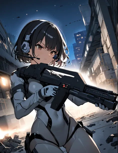 1girl, solo, short hair, black hair, brown eyes, skintight, astronaut, black leatord, tactical gear, gloves, headset, sweat, ser...