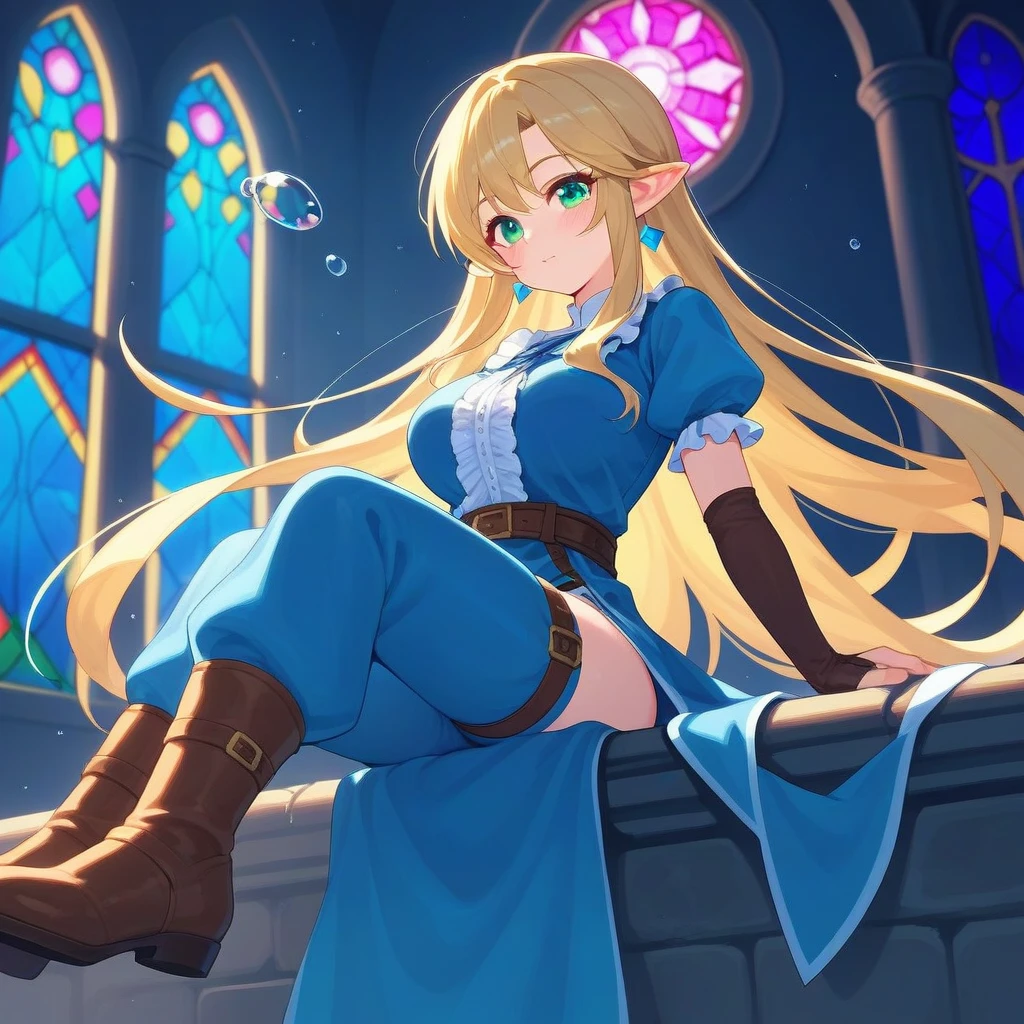 score_9, score_8_up, score_7_up, score_6_up, score_5_up, score_4_up, uncensored, BREAK source_anime, clear outline, a cute girl, botw, link, blonde hair, blue green eyes, pointy ears, bridal gauntlets, brown fingerless gloves, brown footwear, blue tunic, pants, weapon on back, blue earrings, long hair, large breasts, ribbons, frills, thigh strap, bioluminescence, dark, night, darkness, cold, cold lighting, fog, glowing, silent, in the mysterious deep sea, in the beautiful blue deep sea, surrounded by beautiful stained glass, behind the stained glass windows of a church temple, backlit sea bottom, bubbles, fish sitting on the side of a stone column