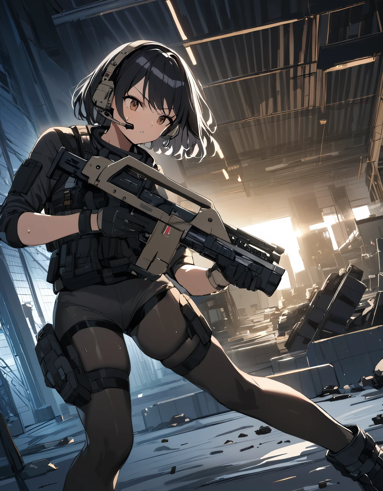 1girl, solo, short hair, black hair, brown eyes, skintight, astronaut, black leatord, tactical gear, black gloves, black ankle boots, headset, sweat, serious expression, holding gun, m41apls, aiming, trigger discipline, dutch angle, indoors, warehouse, dark, night, debris, backlighting, new york backdrop, smoke, best quality, masterpiece, alien creature behind her.