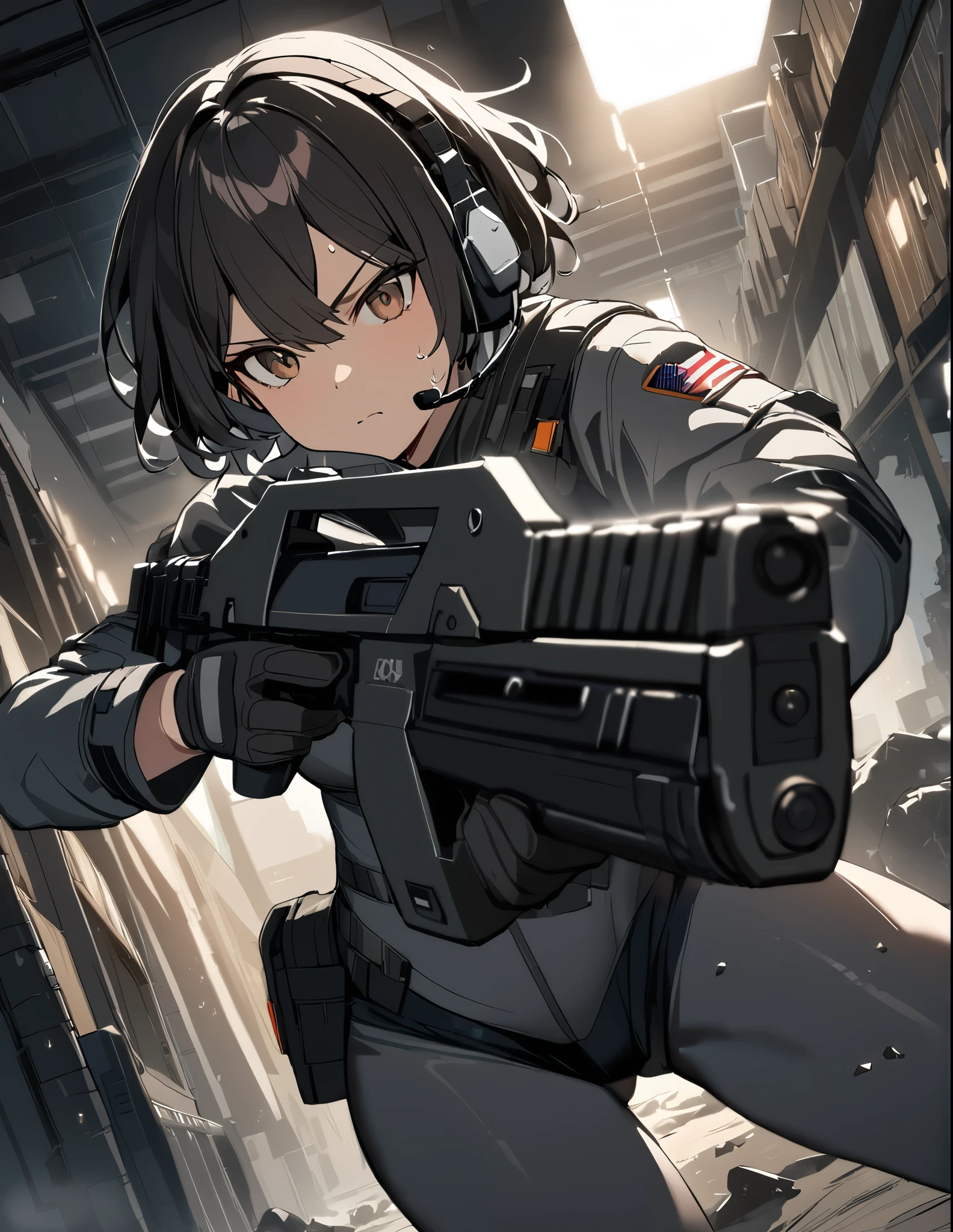 1girl, solo, short hair, black hair, brown eyes, skintight, astronaut, black leatord, tactical gear, gloves, headset, sweat, serious expression, holding gun, m41apls, aiming, trigger discipline, dutch angle, indoors, warehouse, dark, night, debris, backlighting, new york backdrop, smoke, best quality, masterpiece, alien creature behind her.