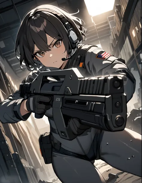 1girl, solo, short hair, black hair, brown eyes, skintight, astronaut, black leatord, tactical gear, gloves, headset, sweat, ser...