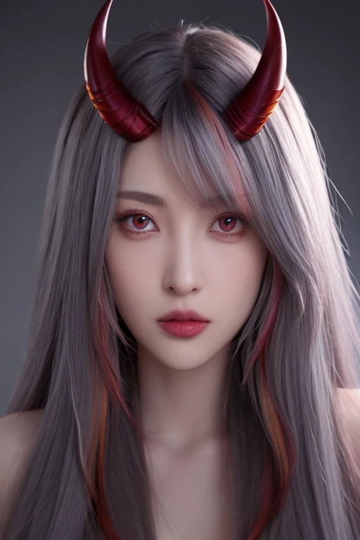 (8k, 2D manga, Highest quality, (from below:2), View your viewers: 1.3), Intricate details,One person, Nakiri Ayame, Demon Horns, Multicolored Hair, Long Hair, Red eyes, Gray Hair,