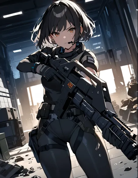 1girl, solo, short hair, black hair, brown eyes, skintight, astronaut, black leatord, tactical gear, gloves, headset, sweat, ser...