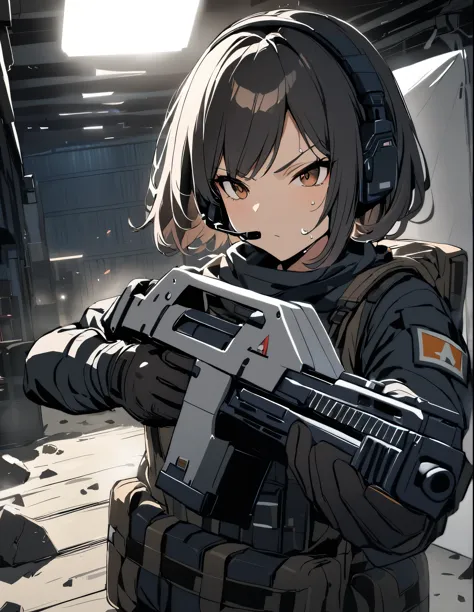 1girl, solo, short hair, black hair, brown eyes, skintight, astronaut, black leatord, tactical gear, gloves, headset, sweat, ser...