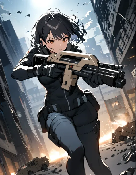 1girl, solo, short hair, black hair, brown eyes, skintight, astronaut, black leatord, tactical gear, gloves, headset, sweat, ser...