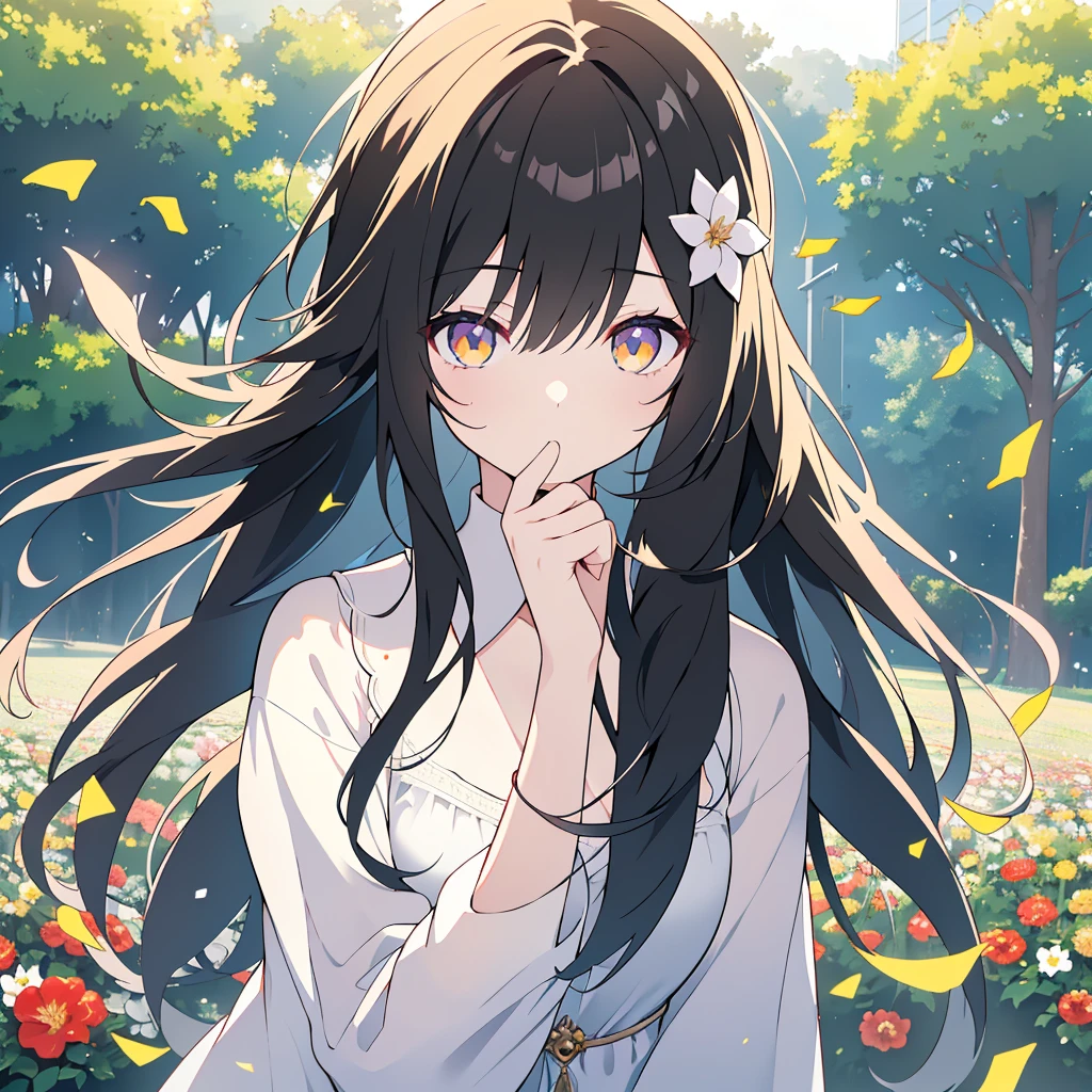 Beautiful girl with golden eyes, Black medium-length hair and cat ears, Very fine and beautiful eyes, Hair blowing in the wind, Small Head, Flower Field, (Highest quality,4K,8k,High resolution,masterpiece:1.2),Very detailed,