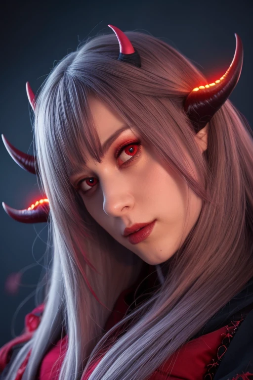 (8k, Highest quality, (from below:2), View your viewers: 1.3), Intricate details,One person, Nakiri Ayame, Demon Horns, Multicolored Hair, Long Hair, Red eyes, Gray Hair,