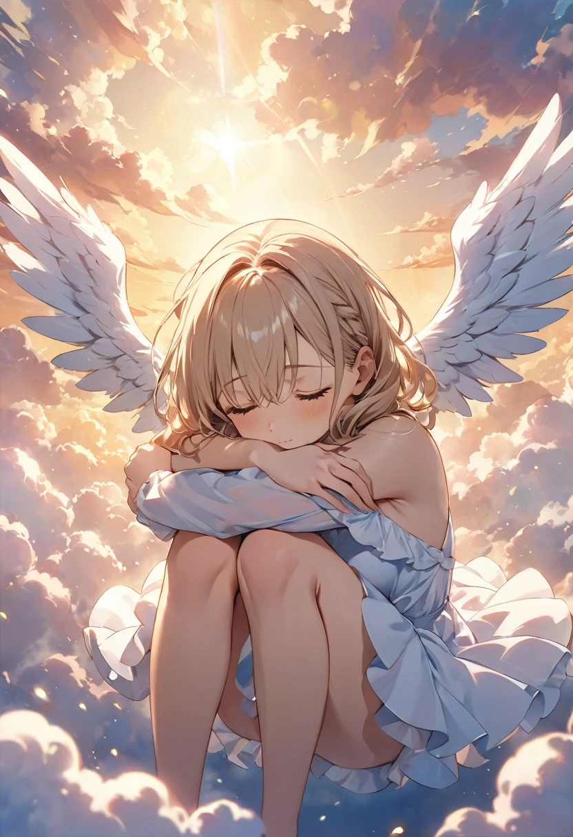 high resolution、High definition、8k、Anatomically correct、null、cloud、Warm Light、(Float in the air, hugging your knees and curling up.)、Close your eyes and become an angel、diagonal、