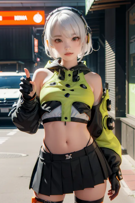 anubidemara, anbi demara, (orange eyes:1.5), short hair, white hair,
take a break bare shoulders, black glove, black skirt, blac...