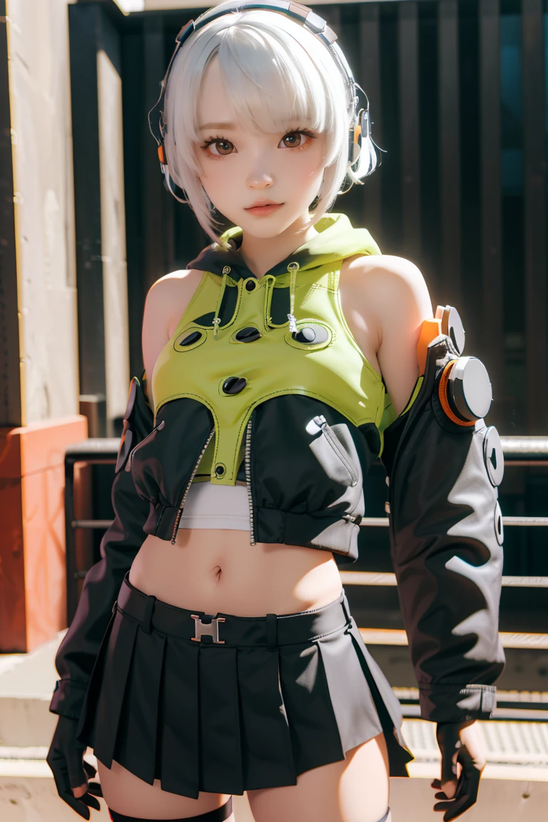 Anubidemara, Anbi Demara, (orange eyes:1.5), short hair, white hair,
Take a break bare shoulders, black glove, black skirt, black thigh high, fingerless glove, glove, green jacket, earphones, jacket, navel, skirt, abdomen, thigh high,
Take a break outdoors, city, abdomenฟ้า, cloud, sun, building, crowd, population, alley,
Take a break looking at viewer, (cowboy shoot:1.5),
Take a break (Masterpiece:1.2), best quality, high resolution, Harmony wallpaper 8K, (illustration:0.8), (Beautifully detailed eyes:1.6), Very detailed face, perfect lighting, The CG is very detailed., (perfect hand, perfect anatomy),