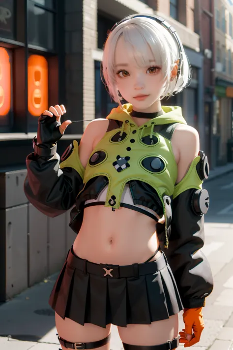 anubidemara, anbi demara, (orange eyes:1.5), short hair, white hair,
take a break bare shoulders, black glove, black skirt, blac...