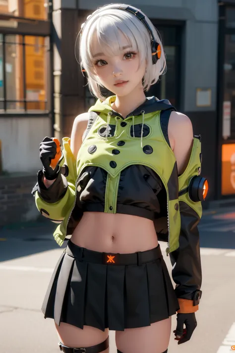 anubidemara, anbi demara, (orange eyes:1.5), short hair, white hair,
take a break bare shoulders, black glove, black skirt, blac...