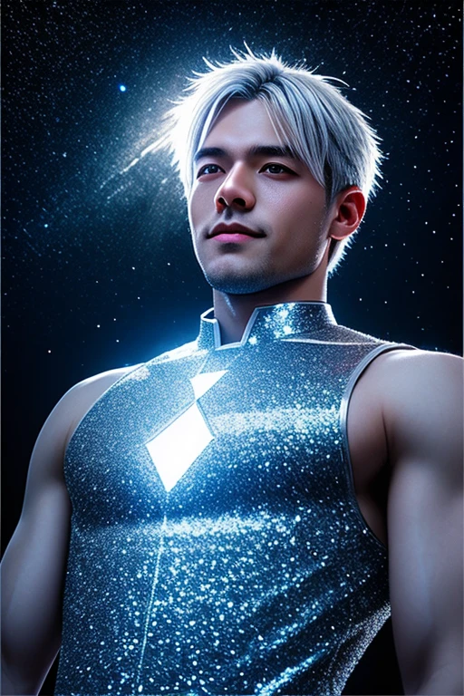 Japanese anime, Boy, One, Silver-white hair, white glass shards, crystallization, night sky, winter night, Starry sky, Shooting Star Crossing, One, Silence, rendering, Best quality, masterpiece, whole body, Particle Lighting Effects, rendering