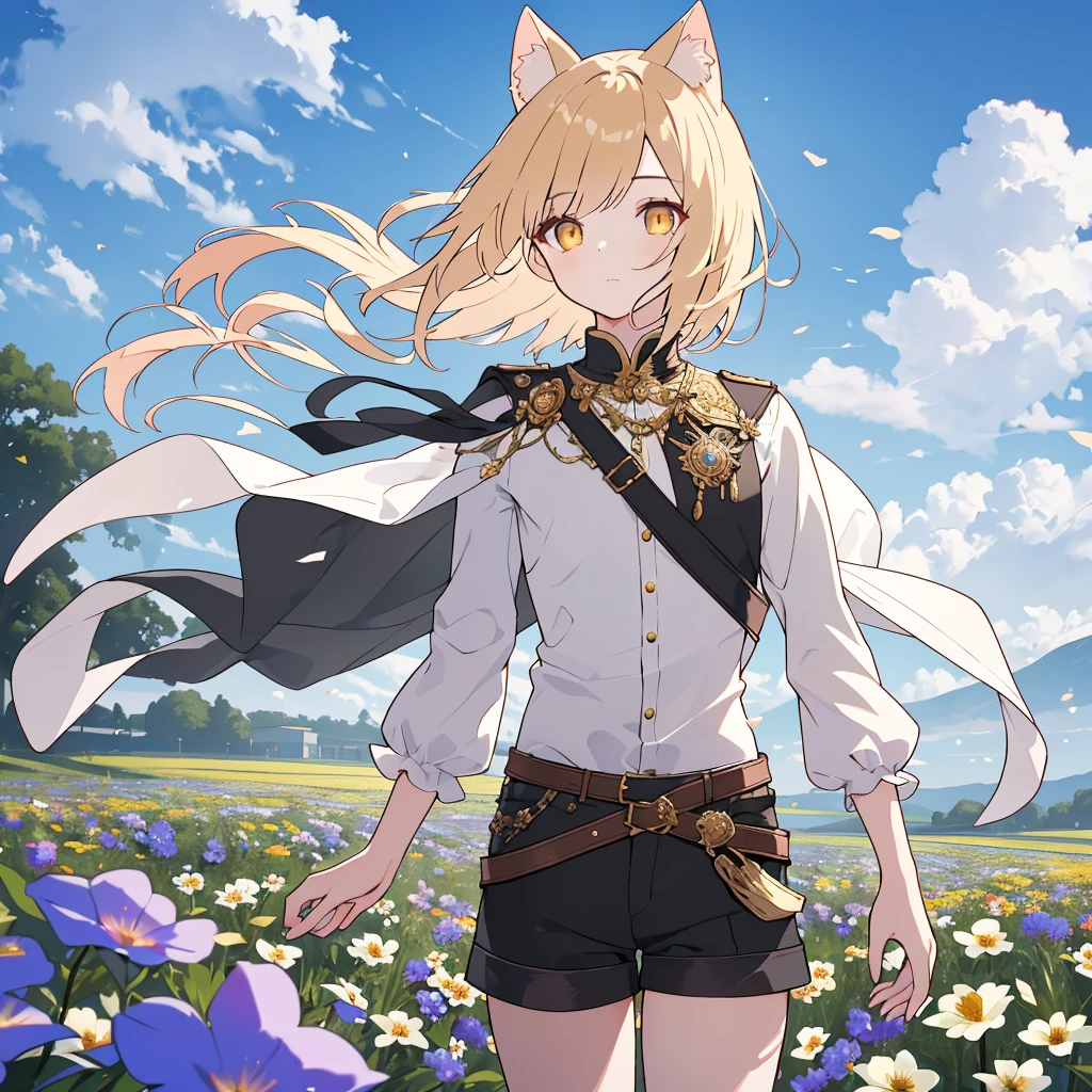 golden eyes., A beautiful boy with short black hair and cat ears, Very fine and beautiful eyes, Hair blowing in the wind, Small Head, Fantasy outfit and shorts, Flower Field, (Highest quality,4K,8k,High resolution,masterpiece:1.2),Very detailed,