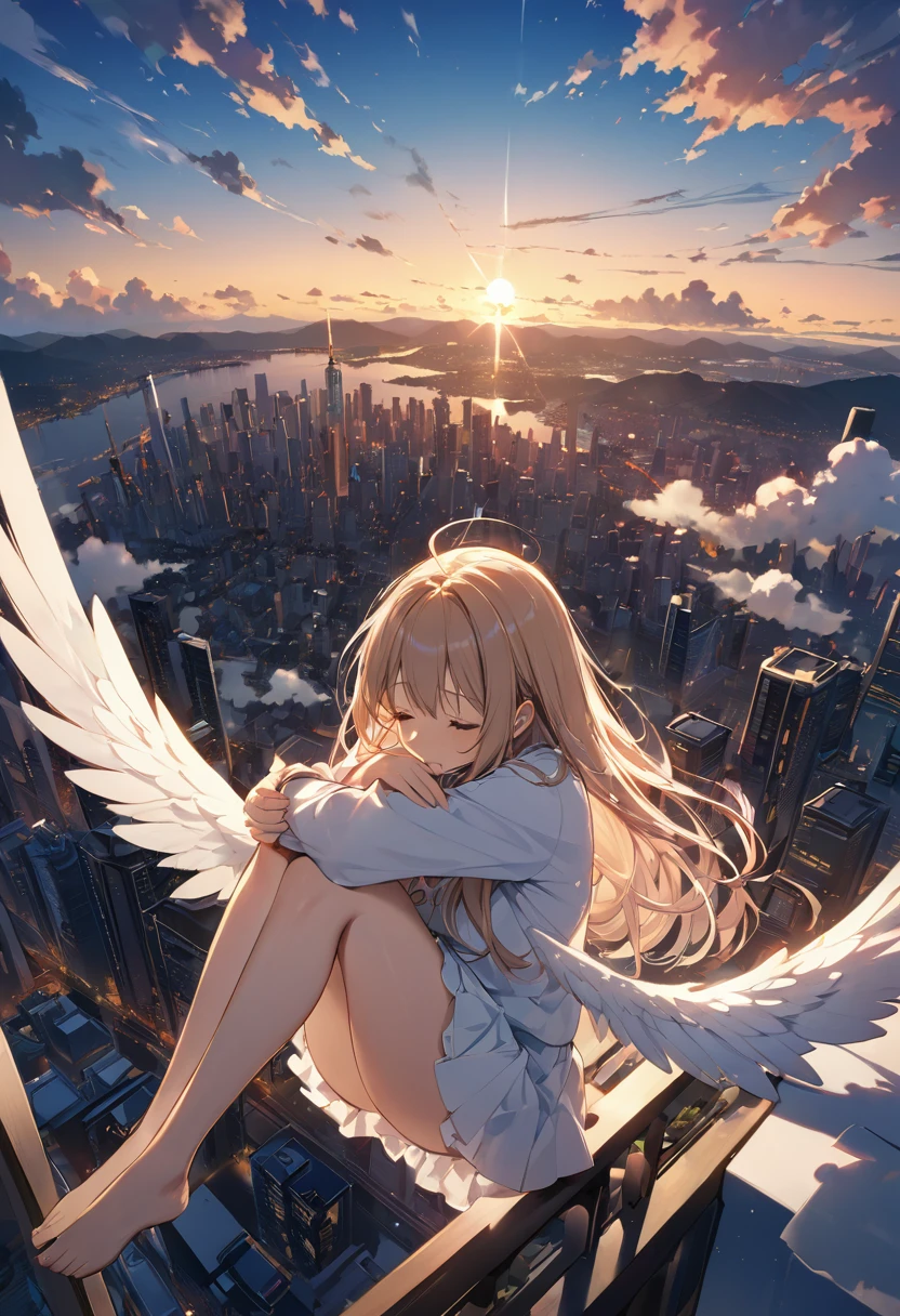 high resolution、High definition、8k、Anatomically correct、null、cloud、Warm Light、distant cityscape、(Floating in the air, hugging their knees)、close your eyes、Angel、diagonal、