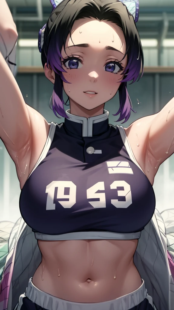 a close up of a person wearing a basketball uniform, a picture, inspired by Kentaro Miura, trending on pixiv, Shinobu Kochou, Demon Slayer, Kimetsu no Yaiba, wearing yellow nba jersey, yellow croptop nba jersey, wearing a low cut croptop, wearing croptop, croptop, written "Lakers" on the croptop, golden raito, (winking), shirobako, large)}], favorite scene, fine details. anime. skins, sweating, big breasts, both hands raised, armpits, armpits visible, dripping with sweat, more more sweat, sweaty armpits