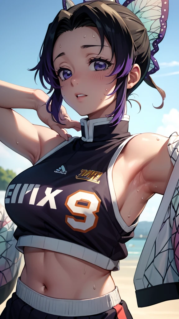 a close up of a person wearing a basketball uniform, a picture, inspired by Kentaro Miura, trending on pixiv, Shinobu Kochou, Demon Slayer, Kimetsu no Yaiba, wearing yellow nba jersey, yellow croptop nba jersey, wearing a low cut croptop, wearing croptop, croptop, written "Lakers" on the croptop, golden raito, (winking), shirobako, large)}], favorite scene, fine details. anime. skins, sweating, big breasts, both hands raised, armpits, armpits visible, dripping with sweat, more more sweat, sweaty armpits