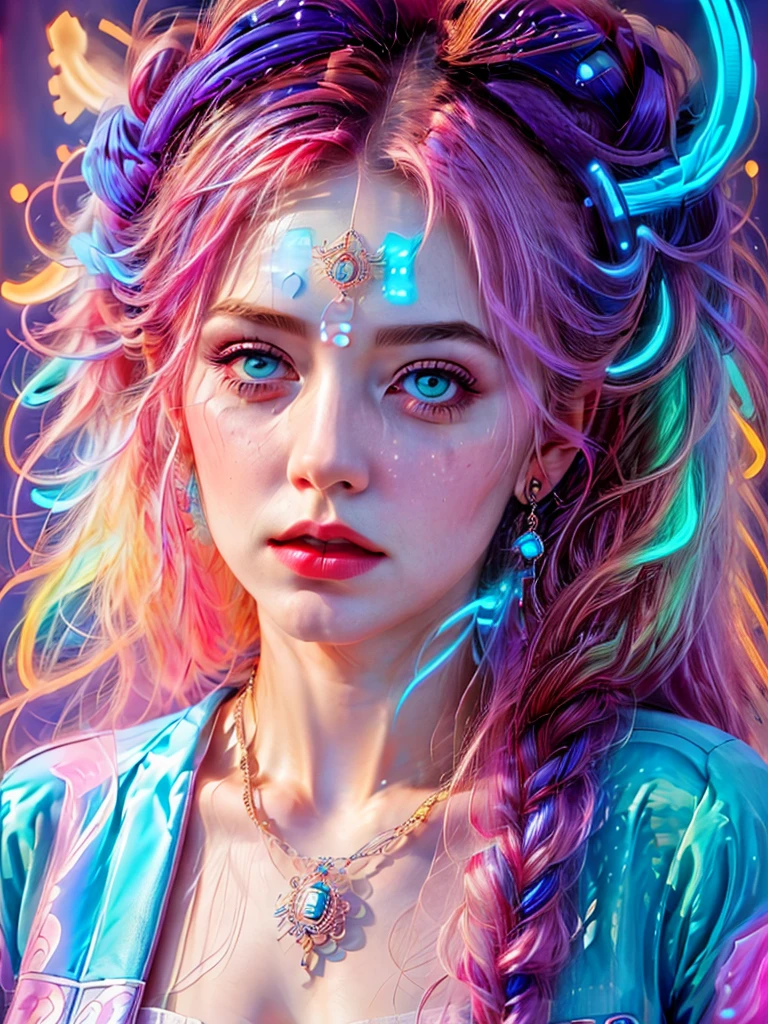 A retrofuturistic illustration of an european woman with long curly hair, in a purple long skirt, standing confidently with her back towards the viewer at the threshold of another dimension. Her expressive eyes locked onto the onlooker, radiating a sense of intrigue and mystery. The style is reminiscent of Womancore, with pink and blue neon lights illuminating the background in a symmetrical and captivating manner. This high-resolution image boasts intricate details and vibrant colors, reflecting a stunning level of high sharpness and contrast. Cinematic volumetric lighting adds depth to the image, while rim lights accentuate the curves and dimensions of the woman'