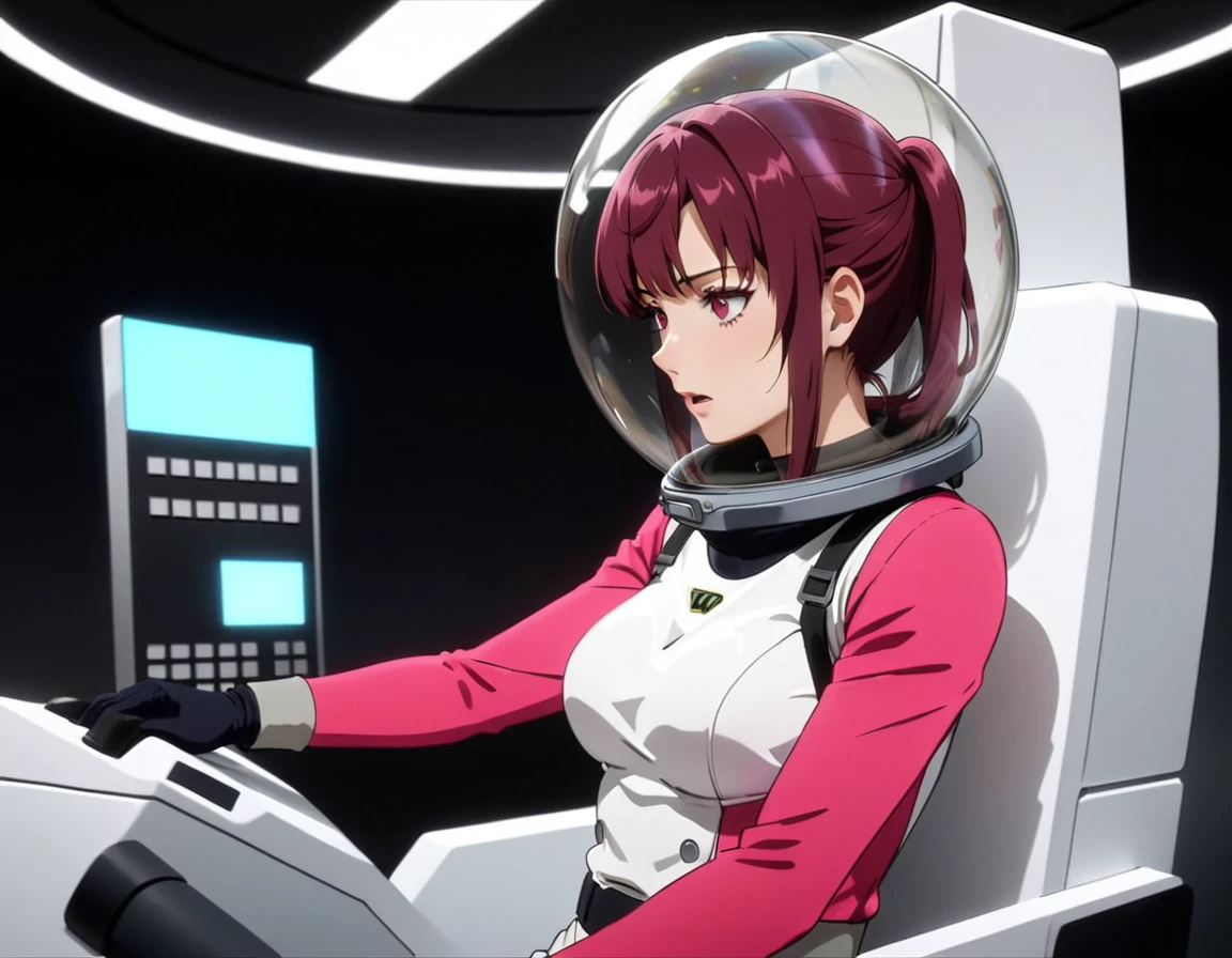 eva helm, spacesuit , astronaut), , pink hair, bubble helmet, space helmet, (1girl:1.1) wearing a (spacesuit:1.15), white cargo pants, (ugh, wtf do these buttons do:1.3), inside the cockpit of a (futuristic spaceship:1.1), sitting in the captains chair, (intricate control panels:1.3), (gleaming metal:1.1), surrounded by many buttons and dials and gauges, (confused:1.3), (worried expression:1.1), (nervous:1.1), concerned, beautiful 8k wallpaper, highly advanced, (sleek design:1.3), intricate, highres, superb, 8k wallpaper, extremely detailed, intricate,kafka, from side