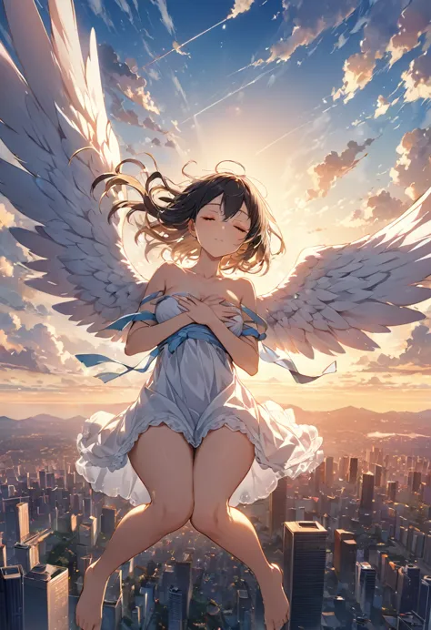 high resolution、high definition、8k、anatomically correct、alone、null、cloud、warm light、distant cityscape、(floating high in the air,...