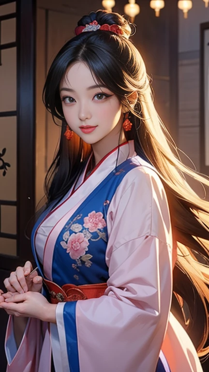 ( High resolution、 Super detailed)、masterpiece、Highest quality、High resolution、8k、Detailed Anime、Buildings from the Tang Dynasty、Tang Dynasty China、Tang Dynasty China、Young and beautiful woman、Beautiful Face、Beautiful Face、Pretty lips、Hanfu、(whole body)、Hair styled in a bright-colored round bun、Smiling eyes、Walking、Cowboy Shot、background、Buildings from the Tang Dynasty、The city of Chang'an during the Tang Dynasty in China、Plum blossom、City lights、Lantern Light、Detailed CG、