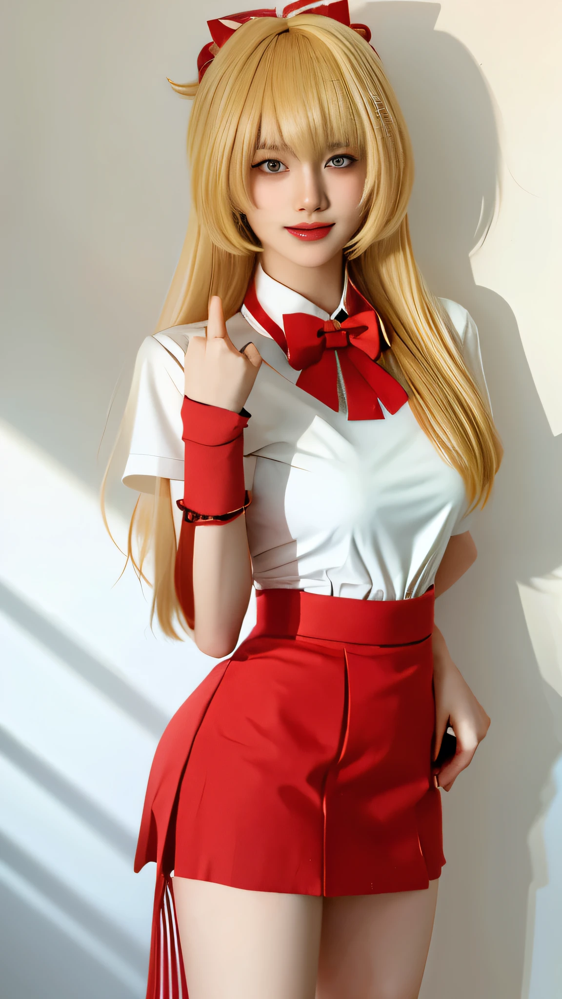 best quality, masterpiece,Ultra-high resolution,Clear face,（Reality：1.4）, (Reality:1.50),1 Girl,Solitary, {Night Palace_Genshin Impact:1.15}, (blonde hair:1.3), Senior，student，Campus style，Long hair,blond，High Ponytail, Bangs, Red pupils, Red eyes，Ultra-thin face，Medium breasts, blush, Happy smile，Asian Girls，Chinese Girl，Korean Girl，sideways，Carve idol poses，Standing，Looking at the audience，Face Focus，White sailor suit、White shirt，Red bow tie，JK，Red hair cord（Bow），japanese girl school uniform，Red skirt，Red Skirt，Semi-transparent long socks，Leg ring，The thighs can be seen，Thin legs，closure_Mouth, short_sleeve, indoor，Solid color background