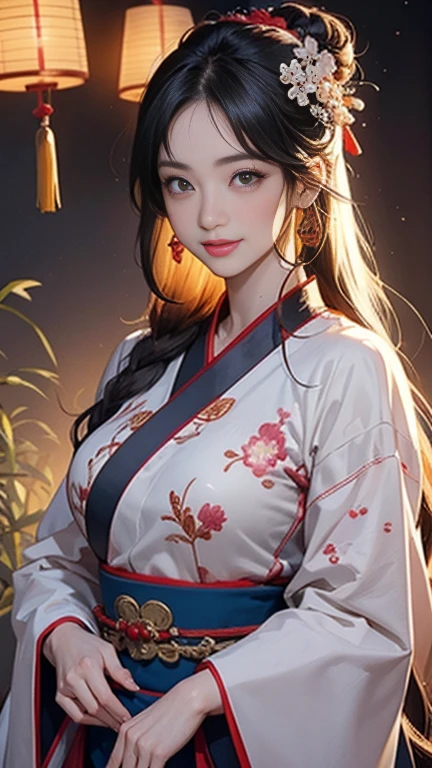 ( High resolution、 Super detailed)、masterpiece、Highest quality、High resolution、8k、Detailed Anime、Buildings from the Tang Dynasty、Tang Dynasty China、Tang Dynasty China、Young and beautiful woman、Beautiful Face、Beautiful Face、Pretty lips、Hanfu、(whole body)、Hair styled in a bright-colored round bun、Smiling eyes、Walking、Cowboy Shot、background、Buildings from the Tang Dynasty、The city of Chang'an during the Tang Dynasty in China、Plum blossom、City lights、Lantern Light、Detailed CG、