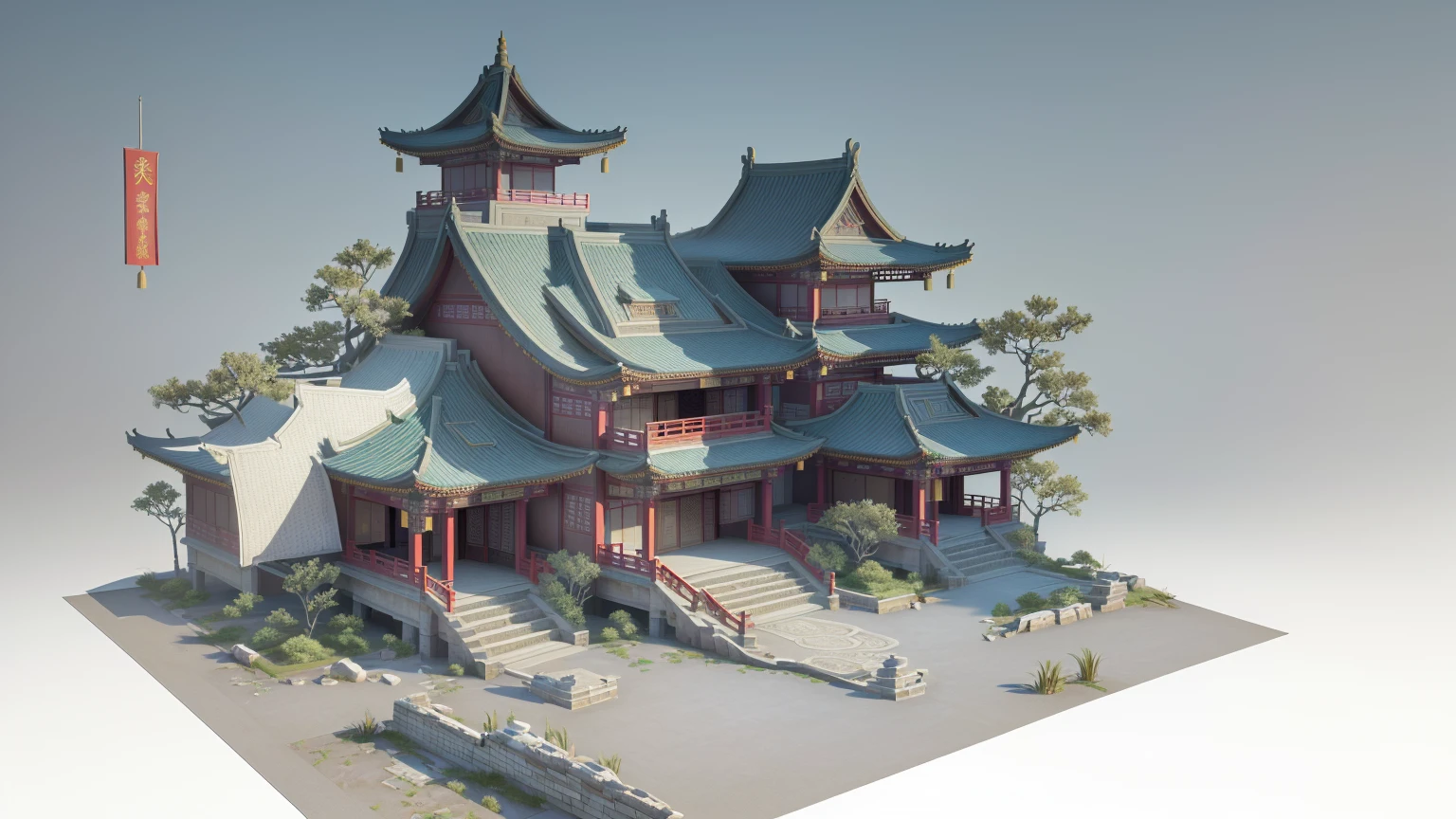 there is a 3d image of a Chinese Architecture with a courtyard, Beautiful rendering of the Tang Dynasty, Chinese Architecture, Cyberpunk Chinese Ancient Castle, High Detail, Fully detailed render, Highly detailed rendering, Very detailed rendering, hq very detailed, High Detail渲染, Rendering in Lumion, Rendering in Lumion pro, Rendering in 3dsmax, Highly detailed 3D rendering