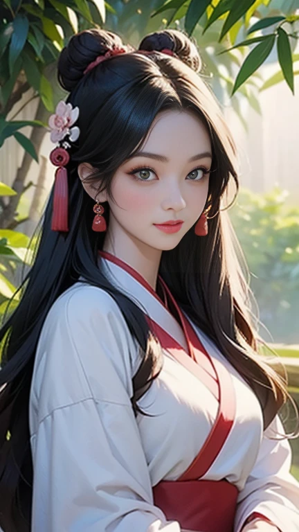 ( High resolution、 Super detailed)、masterpiece、Highest quality、High resolution、8k、Detailed Anime、Buildings from the Tang Dynasty、Tang Dynasty China、Tang Dynasty China、Young and beautiful woman、Beautiful Face、Beautiful Face、Pretty lips、Hanfu、(whole body)、Hair styled in a bright-colored round bun、Smiling eyes、Walking、Cowboy Shot、background、Buildings from the Tang Dynasty、Chang'an during the Tang Dynasty in China、Plum blossom、bamboo forest、Detailed CG、